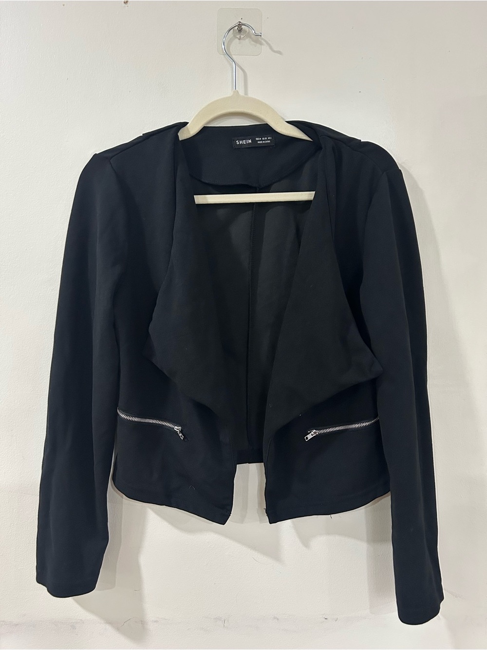 SHEIN Black Open-Front Draped Blazer with Zip Pockets